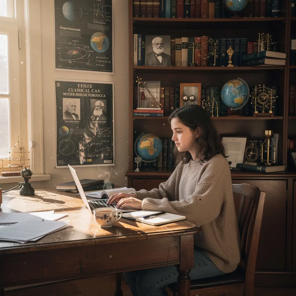 Klasszikus fizikával kapcsolatos könyvek egy polcon.