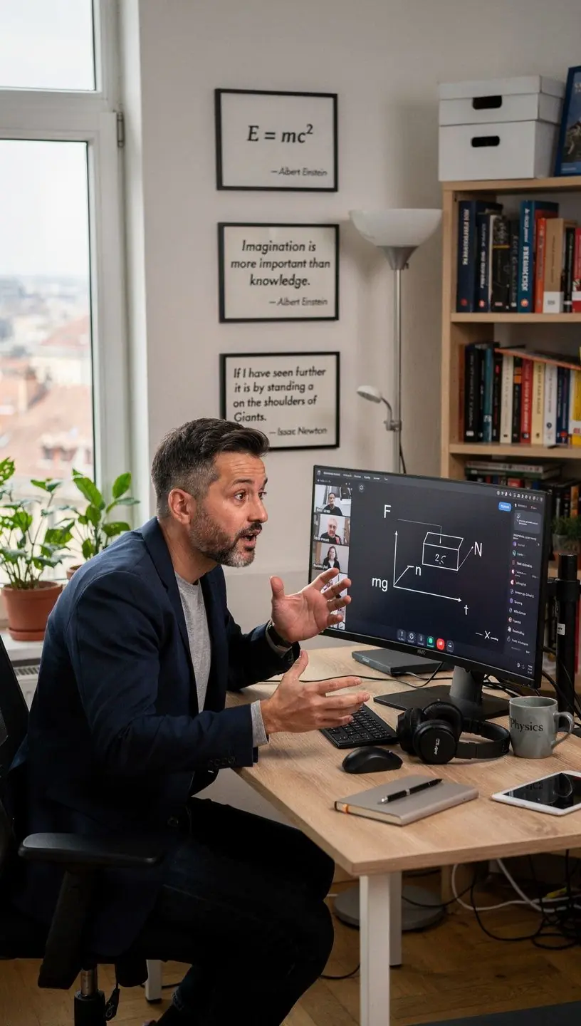 Diákok csoportja fizikát tanul egy online órán.